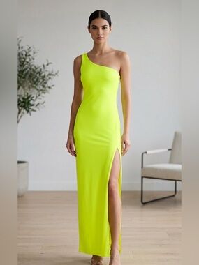 Susana Monaco Neon Lime One-Shoulder Maxi Dress with Side Slit